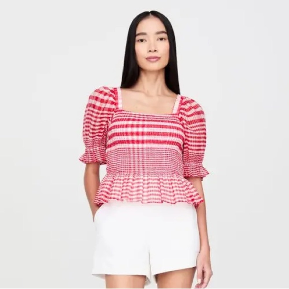 NWT Marie Oliver Oaklee Top Cherry Check Red Smocked Puff Sleeve Peplum Sz S